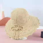 여성을위한 여름 크로 셰 뜨개질 밀짚 모자 비치 모자 꽃 와이드 브림 비치 ​​태양 모자 여성 파나마 밀짚 모자 경량 플로피 모자 - 이미지 3