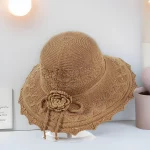 여성을위한 여름 크로 셰 뜨개질 밀짚 모자 비치 모자 꽃 와이드 브림 비치 ​​태양 모자 여성 파나마 밀짚 모자 경량 플로피 모자 - 이미지 2