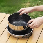 316 스테인레스 스틸 야외 스노우 팬 휴대용 요리 냄비 접이식 손잡이 캠핑 피크닉 비 스틱 팬 - 이미지 3