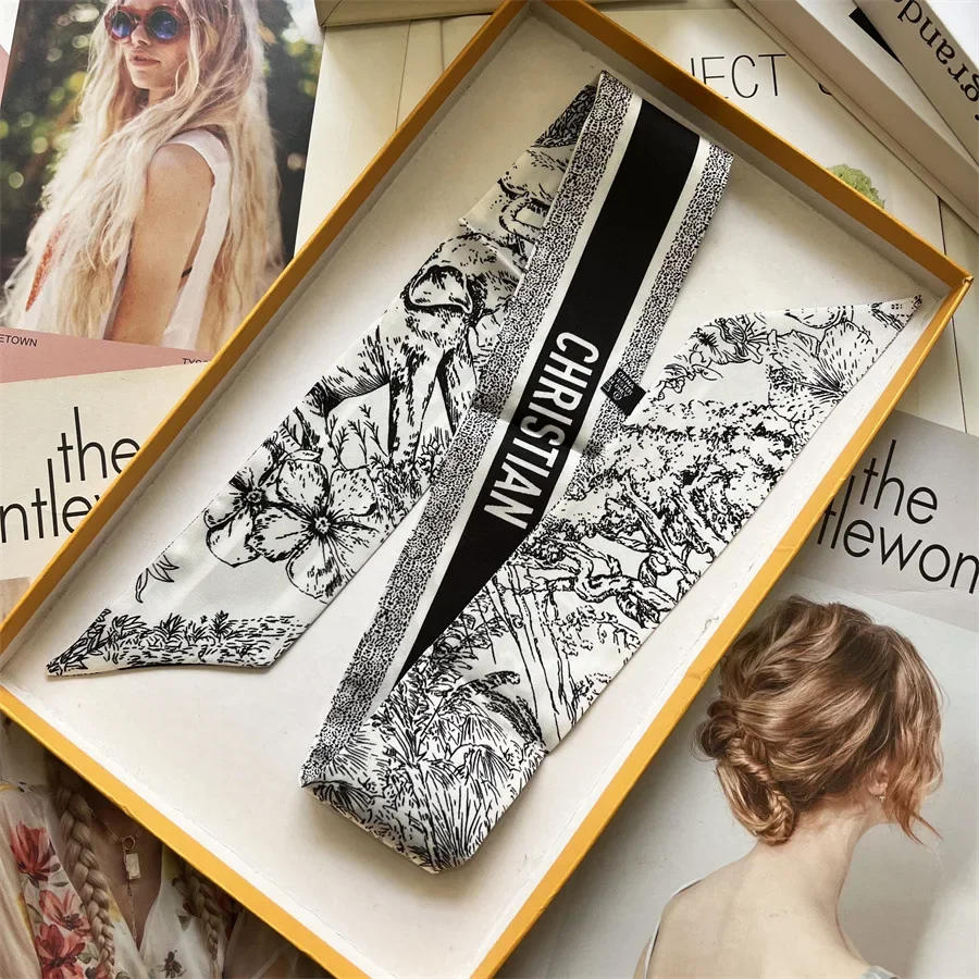 kf-S20f33779e47241018247335460bbec24o 프랑스 스타일 긴 실크 스카프 여성 가방 핸들 넥타이 셔츠 칼라 보우 헤어 밴드 우아한 액세서리 다목적 유행 스카프 - 이미지 1