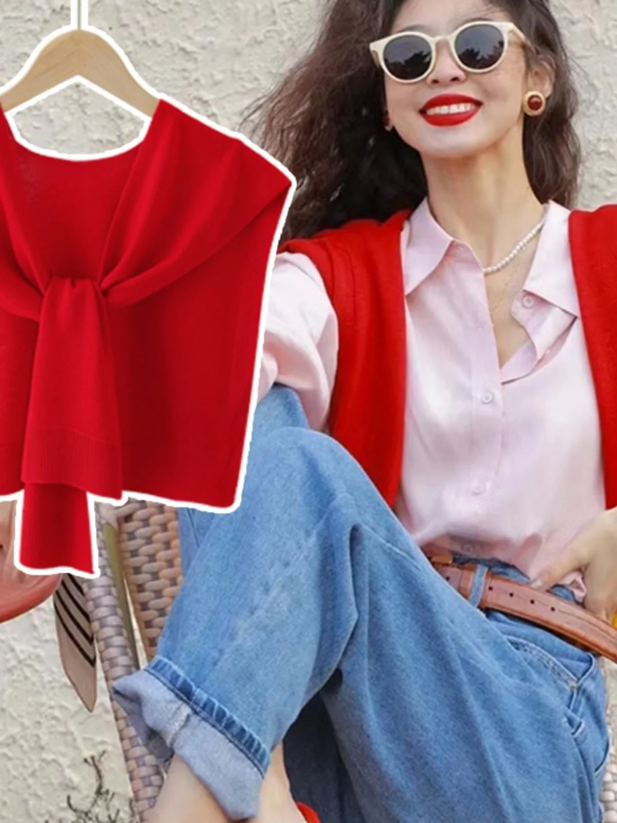 kf-S3ba7e29a06b7417ca696ebeb6b6daedfk 트렌디 니트 스카프 여성용 아우터 숄더 랩 넥 워머 레드 컬러 봄 가을 겨울 패셔너블 스웨터 셔츠 액세서리 - 이미지 1