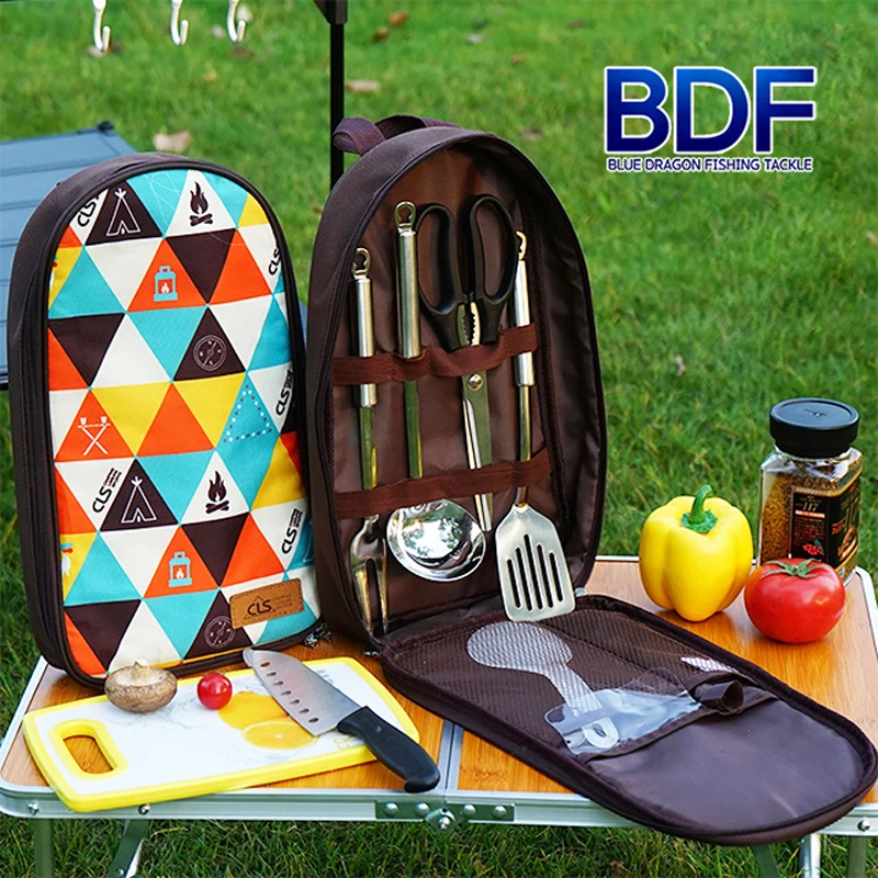 kf-Scd88730b4e294f96a2b213213f417816I 청룡조구 캠핑 키친툴 7종 세트 야외 조리 도구 주방 취사 케이스 등산 식기 칼 가위 - 이미지 1