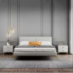 모던 스타일 솔리드 우드 침대 옆 테이블, 서랍 2 개, 가죽 침실 나이트 스탠드, 소결 스톤 탑, 미니 보관 캐비닛 - 이미지 4