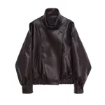 2025년 신상 여성 패션 루즈핏 스탠딩 칼라 인조 가죽 재킷 스트릿 스타일 멋진 가죽 재킷 - 이미지 6