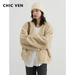 CHIC VEN 여성 자켓 루즈 캐주얼 솔리드 오버코트 새로운 여성 플러시 코트 v 넥 여성 겉옷 가을 겨울 2023 - 이미지 2