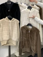 한국 스타일 니트 숏 코트 여성 패션 페이크 투피스 디자인 후드 스웨이드 소매 따뜻한 탑 트렌디 긴 소매 지퍼 클로저 - 이미지 3