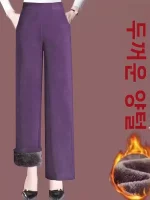 두꺼운 플리스 안감 코듀로이 하이웨이스트 와이드 레그 팬츠 여성용 따뜻한 가을 겨울 신상 캐주얼 바지 폴리에스터 섬유 - 이미지 2
