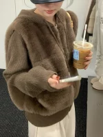 한국 스타일 니트 숏 코트 여성 패션 페이크 투피스 디자인 후드 스웨이드 소매 따뜻한 탑 트렌디 긴 소매 지퍼 클로저 - 이미지 5