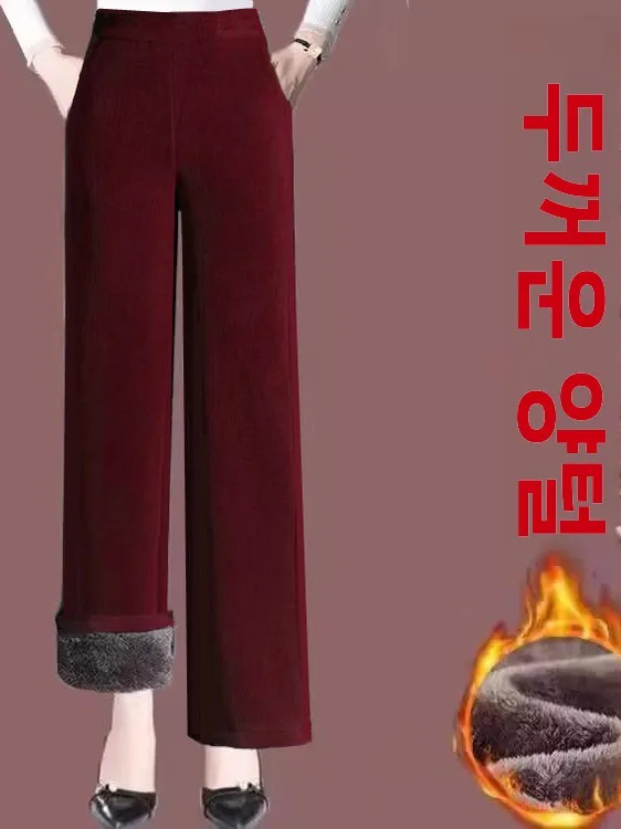 kf-S5725b908f05b4f3fb997968d0db40fb16 두꺼운 플리스 안감 코듀로이 하이웨이스트 와이드 레그 팬츠 여성용 따뜻한 가을 겨울 신상 캐주얼 바지 폴리에스터 섬유 - 이미지 1