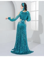 화려한 장식 조각 BALADI 드레스 이집트 밸리 댄스 의상 경쟁 그룹 공연 세트 머리띠와 긴 소매 드레스 - 이미지 5