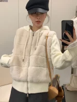 한국 스타일 니트 숏 코트 여성 패션 페이크 투피스 디자인 후드 스웨이드 소매 따뜻한 탑 트렌디 긴 소매 지퍼 클로저 - 이미지 2