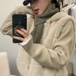 한국 스타일 니트 숏 코트 여성 패션 페이크 투피스 디자인 후드 스웨이드 소매 따뜻한 탑 트렌디 긴 소매 지퍼 클로저