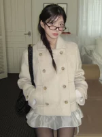 레트로 학교 스타일 일본 소녀 칼라 더블 로우 버튼 코튼 숏 울 코트 재킷 봄 가을 겨울 여성 패션 - 이미지 4