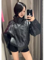 2025년 신상 여성 패션 루즈핏 스탠딩 칼라 인조 가죽 재킷 스트릿 스타일 멋진 가죽 재킷 - 이미지 2