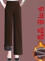 두꺼운 플리스 안감 코듀로이 하이웨이스트 와이드 레그 팬츠 여성용 따뜻한 가을 겨울 신상 캐주얼 바지 폴리에스터 섬유 - 이미지 3