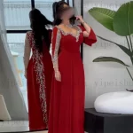 맞춤형 절묘한 연인 이브닝 드레스 풀 슬리브 라인스톤 구슬 장식 댄스 파티 드레스 a 라인 롱 파티 드레스 - 이미지 3