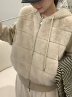 한국 스타일 니트 숏 코트 여성 패션 페이크 투피스 디자인 후드 스웨이드 소매 따뜻한 탑 트렌디 긴 소매 지퍼 클로저 - 이미지 4