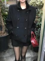 레트로 학교 스타일 일본 소녀 칼라 더블 로우 버튼 코튼 숏 울 코트 재킷 봄 가을 겨울 여성 패션 - 이미지 2