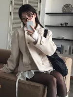 레트로 학교 스타일 일본 소녀 칼라 더블 로우 버튼 코튼 숏 울 코트 재킷 봄 가을 겨울 여성 패션 - 이미지 3
