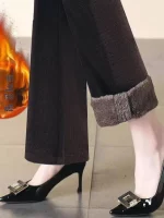 두꺼운 플리스 안감 코듀로이 하이웨이스트 와이드 레그 팬츠 여성용 따뜻한 가을 겨울 신상 캐주얼 바지 폴리에스터 섬유 - 이미지 4