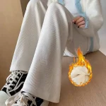 여성 플리스 와이드 레그 팬츠 겨울 하이웨이스트 롱 팬츠 루즈 캐주얼 - 이미지 2