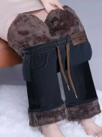 양털 안감 두꺼운 패셔너블 스트레이트 레그 진 캐주얼 팬츠 하이웨이스트 와이드 레그 팬츠 다용도 엄마 스트레이트 팬츠