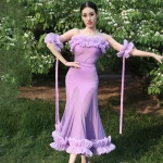 2022 볼룸 댄스 대회 드레스 여성 레이스 프릴 오프 숄더 탑 스커트 댄스 파티 드레스 왈츠 공연 의상 BL8621 - 이미지 2