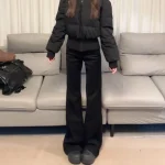 두꺼운 플리스 하이웨이스트 벨보텀 청바지 여성 겨울 패션 슬림핏 스몰 사이즈 드레이프 따뜻한 플로어 길이 부츠컷 청바지 - 이미지 5