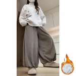 카라멜 두꺼운 하이웨이스트 블루머 팬츠 여성용 가을 겨울 신상 니트 부드러운 따뜻한 플리스 안감 롱 스커트 팬츠 - 이미지 2