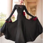 스커트 랜턴 슬리브 볼룸 드레스 경쟁 왈츠 드레스 백리스 볼룸 댄스 드레스 스탠다드 와인 레드 블랙 피쉬본 - 이미지 3