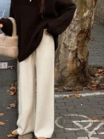 가을 겨울 울 니트 와이드 레그 팬츠 여성용 부드러운 드레이핑 캐시미어 팬츠 모카신 컬러 팬츠 스윗 스타일 내추럴 웨이스트 - 이미지 4