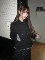 여성용 슬림핏 체크 울 코트, 플리츠 허리와 더블 버튼, 숏 스타일 폴리에스터 섬유, 컬리지 스타일 - 이미지 4