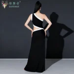 벨리댄스 연습복 슬림핏 사선 어깨 블랙 드레스 댄스 페스티벌 드레스 오리엔탈 댄스 트레이닝 의상 - 이미지 2