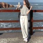 루즈핏 와이드 레그 청바지 여성용 드레이프 하이웨이스트 스트레이트 와이드 레그 바닥에 닿는 청바지 데님 팬츠 청바지 - 이미지 2