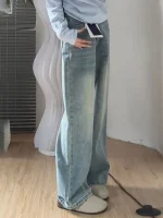 플러스 사이즈 여성용 가을 겨울 두꺼운 플리스 와이드 레그 진 하이 웨이스트 스트레이트 컷 캐주얼 코튼 데님 슬리밍 바지 - 이미지 4