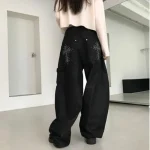 하이웨이스트 와이드 레그 플로어-길이 데님 진 여성용 아메리칸 레트로 다용도 패션 포켓 워크웨어 스타일 비즈 장식 캐주얼 팬츠 - 이미지 2