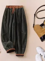 두꺼운 코듀로이 하란 바지 여성 캐주얼 바지 하이 웨이스트 탄성 밴드 슬리밍 작은 발 신발 가을 겨울 새로운 스타일 - 이미지 4