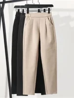 플러스 사이즈 여성용 울 하이웨이스트 슬림핏 당근 바지 루즈핏 밀색 하란 울 롱 팬츠 캐주얼 바지 - 이미지 5
