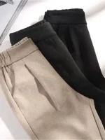 플러스 사이즈 여성용 울 하이웨이스트 슬림핏 당근 바지 루즈핏 밀색 하란 울 롱 팬츠 캐주얼 바지 - 이미지 4