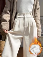 화이트 코듀로이 와이드 레그 팬츠 여성 가을 겨울 신상 슬림 스트레이트 드레이프 스몰 사이즈 플리스 안감 정장 바지 출퇴근 스타일 하이웨이스트 - 이미지 2