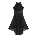 여성용 서정적 댄스 드레스, 발레 체조 레오타드 댄스웨어, 민소매 스파클리 라인스톤 구김 피겨 아이스 스케이팅 원피스 - 이미지 4