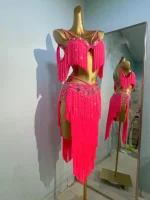 밸리 댄스 대회 여성용 하이 엔드 맞춤형 렌즈 다층 술 차 삼바 퍼포먼스 라인 석 드레스 - 이미지 3