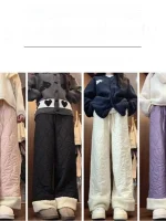 편안한 플리스 안감 와이드 레그 팬츠 여성 캐주얼 겨울 바지 핑크 하이웨이스트 스트레이트 컷 한국 스타일 출퇴근 패션 - 이미지 3