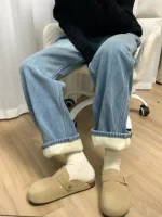 두꺼운 양털 안감 스트레이트 레그 청바지 여성용 하이 웨이스트 슬리밍 벨 바닥 플러스 사이즈 겨울 세련된 트렌디 데님 바지 - 이미지 4