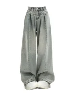 미국 스타일 레트로 하이 스트리트 섹시 걸 드레이프 데님 팬츠 여성용 봄 가을 소형 사이즈 하이 웨이스트 루즈 스트레이트 레그 플로어 렝스 팬츠 - 이미지 5