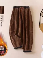 두꺼운 코듀로이 하란 바지 여성 캐주얼 바지 하이 웨이스트 탄성 밴드 슬리밍 작은 발 신발 가을 겨울 새로운 스타일 - 이미지 5