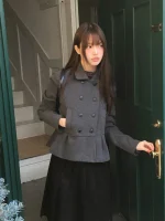 여성용 슬림핏 체크 울 코트, 플리츠 허리와 더블 버튼, 숏 스타일 폴리에스터 섬유, 컬리지 스타일 - 이미지 3