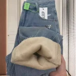 두꺼운 양털 안감 스트레이트 레그 청바지 여성용 하이 웨이스트 슬리밍 벨 바닥 플러스 사이즈 겨울 세련된 트렌디 데님 바지