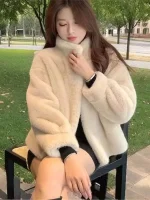 젊은 여성용 숏 스탠드 칼라 퍼 코트 워터 래빗 벨벳 일체형 디자인 겨울 패션 두꺼운 스트레이트 튜브 스타일 - 이미지 2