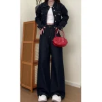 미국 스타일 플러스 사이즈 여성용 루즈 와이드 레그 진 하이 웨이스트 딥 블루 캐주얼 코튼 스트레치 데님 가을 시즌 착용 - 이미지 5